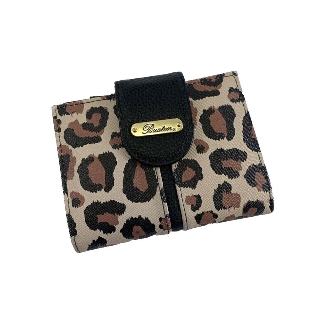 Buxton Lexington Fold Wallet Leopard Print Vegan Leather Coin Credit Card Snap
